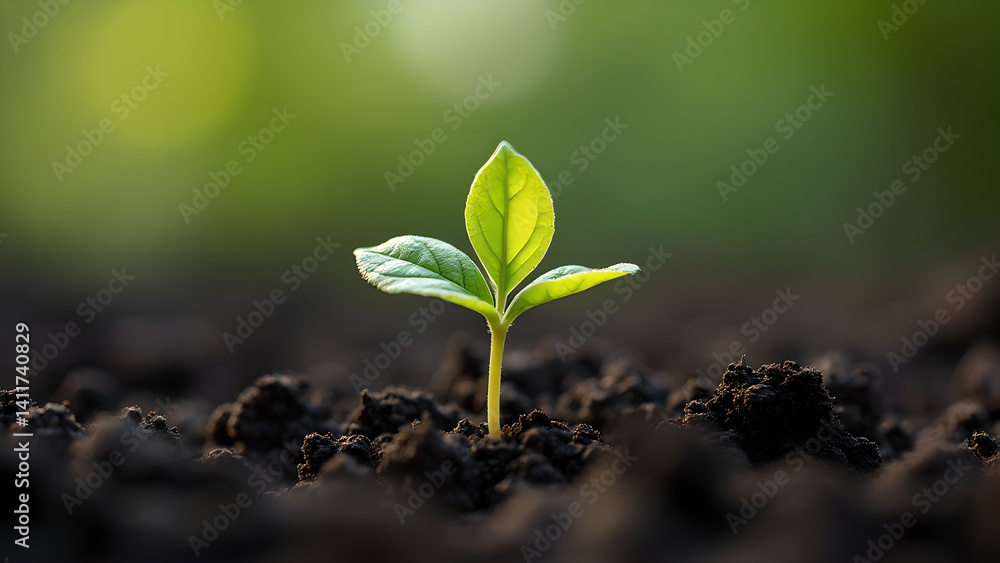 A Tiny Seedling Emerging in Warm Sunlight, New Life and Growth