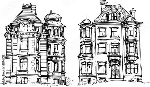 Two Victorian style Office towers designs, Victorian style Office towers illustration art
