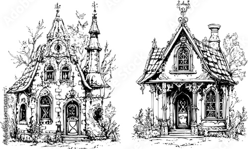 Two Victorian style Post offices designs, Victorian style Post offices illustration art