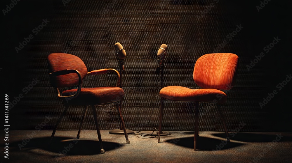 Professional interview setup featuring twin modern chairs and dual studio microphones against moody dark backdrop — ultra‑wide banner perfect for podcast, talk‑show, or streaming media branding