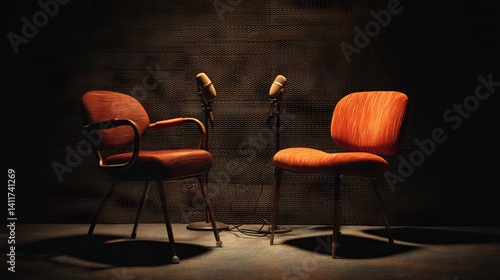 Obraz na płótnie Professional interview setup featuring twin modern chairs and dual studio microphones against moody dark backdrop — ultra‑wide banner perfect for podcast, talk‑show, or streaming media branding w salonie
