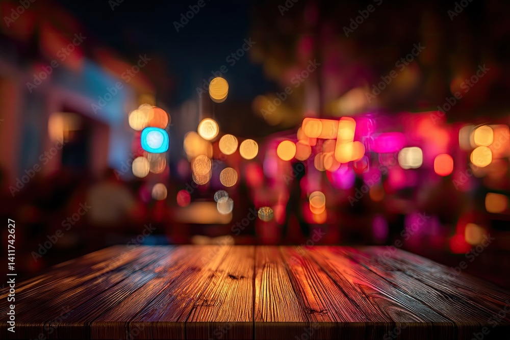 Night street blurred background, wooden table