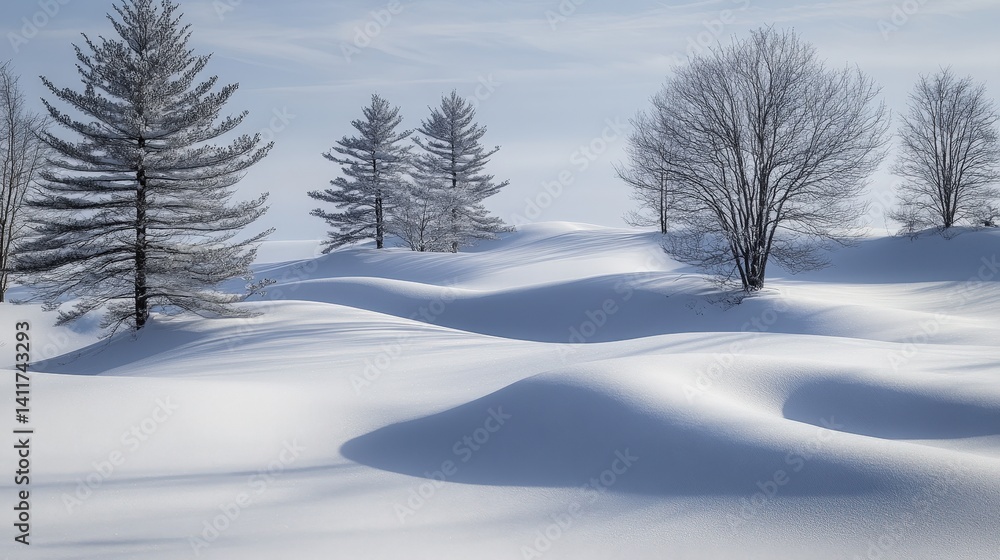 A serene winter landscape featuring a cluster of tall evergreen trees blanketed in fresh, powdery snow, their branches heavy with white frost under a clear blue sky. A serene winter landscape featuring a cluster of tall evergreen trees blanketed in fresh, powdery snow, their branches heavy with white frost under a clear blue sky.