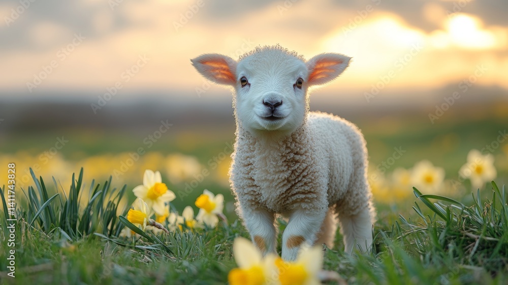 Fototapeta premium Adorable baby lamb stands in spring meadow among yellow daffodil flowers. Cute farm animal portrait, symbol of Easter and new life concept.