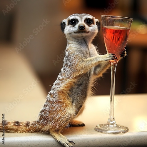 A Meerkat Enjoying a Glass of Rosé Wine Fun and Whimsical Animal Image.