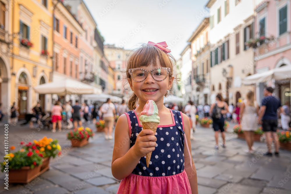 Fototapeta premium Happy girls enjoying ice cream in a charming Italian old town street