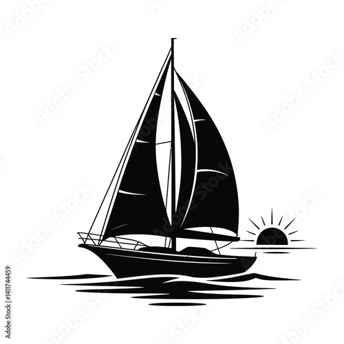 Sailboat Ocean Line Art, Silhouette, Vector, Icon, Logo, White Background.