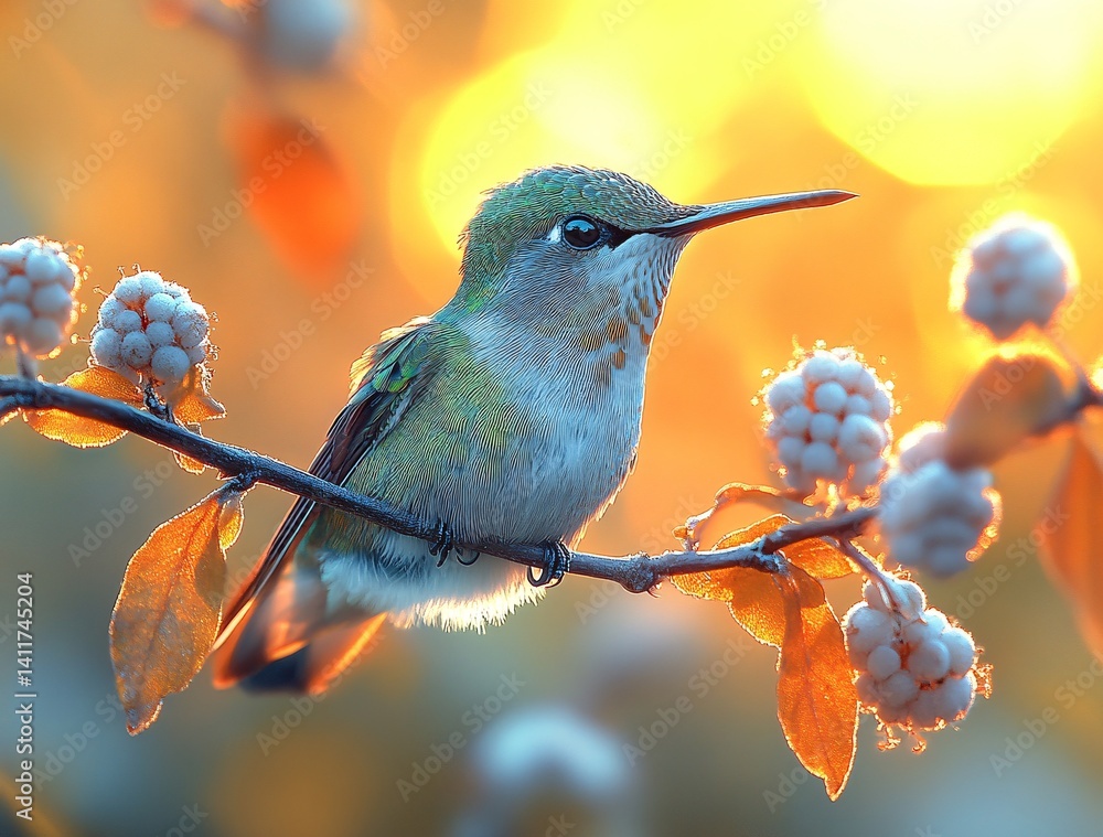 Obraz premium Vibrant Hummingbird Perched on a Branch with Soft Background Glow