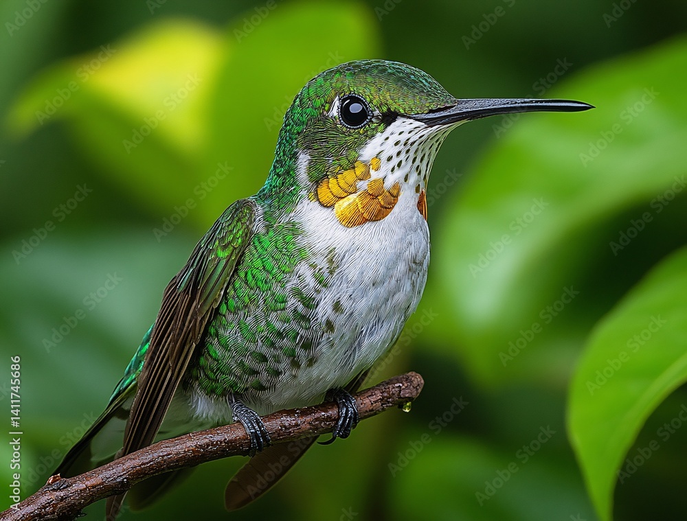 Fototapeta premium Colorful Hummingbird Perched on Branch Among Lush Green Leaves