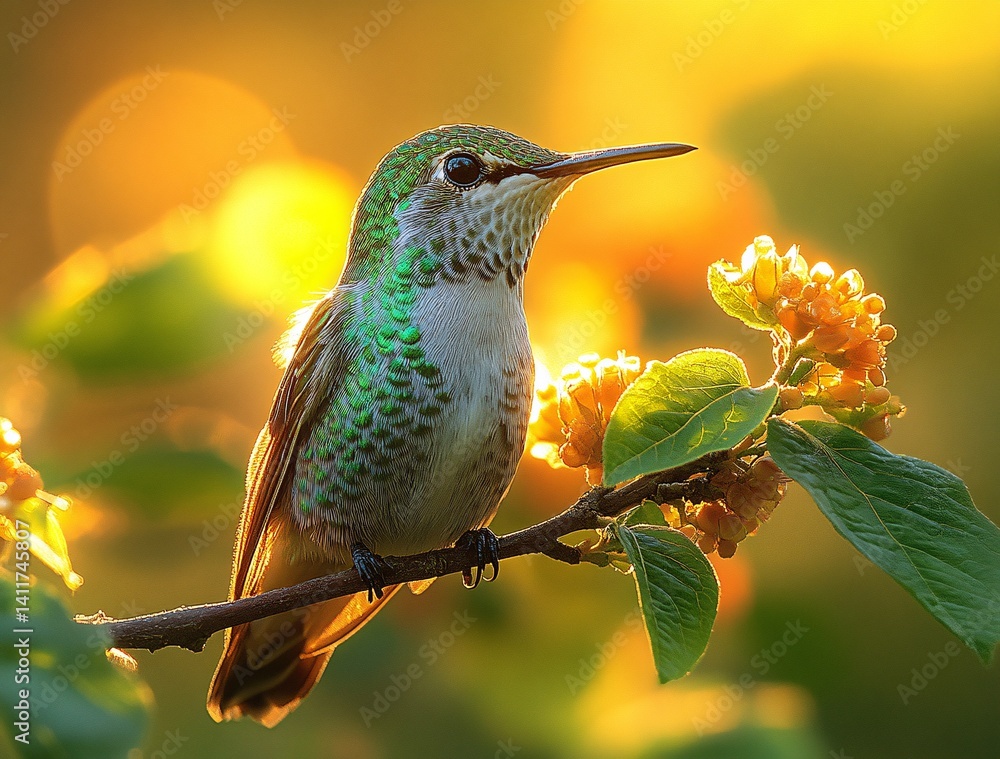 Fototapeta premium Beautiful Hummingbird Perched on Branch with Vibrant Flowers at Sunrise