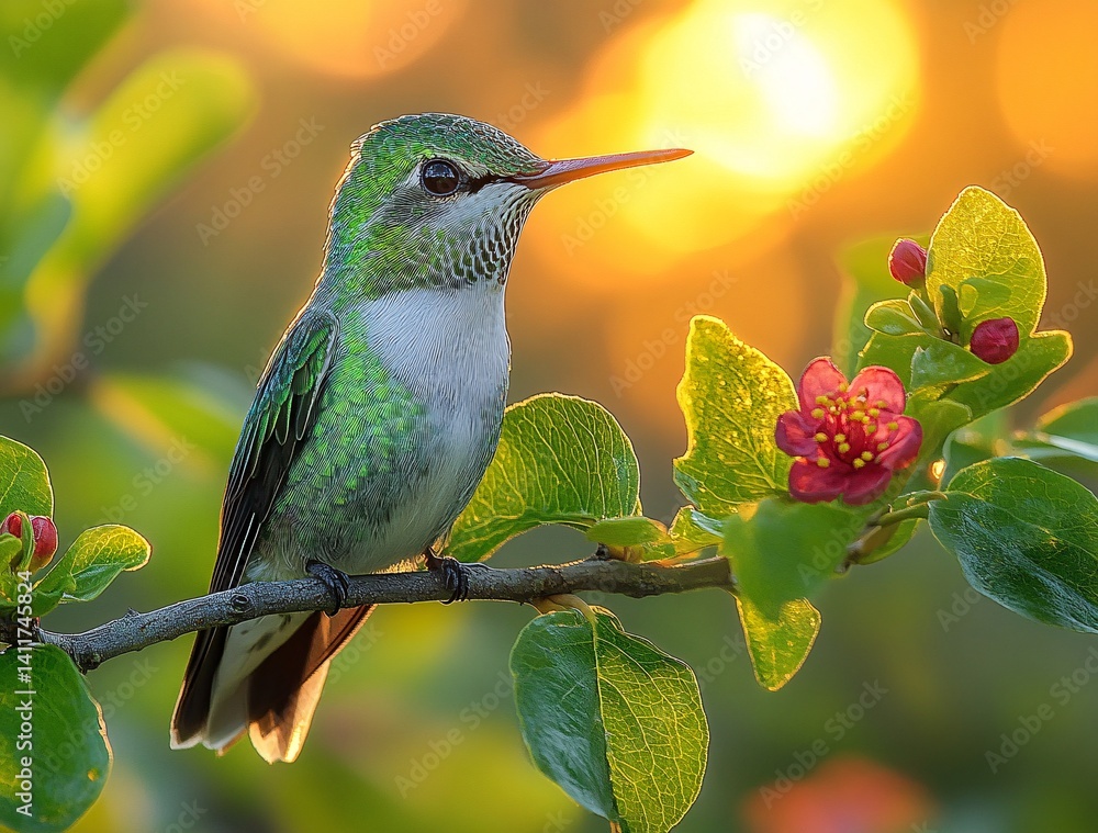 Obraz premium Vibrant Hummingbird Perched on Branch with Blooming Flowers at Sunset
