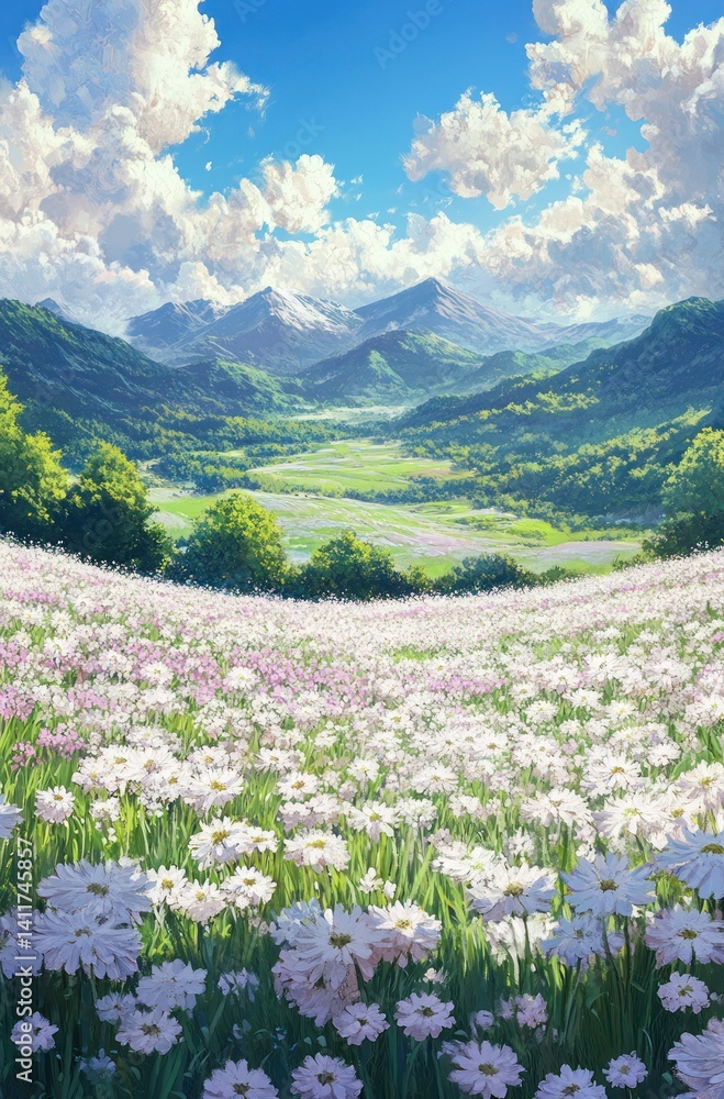 Picturesque valley, blooming flowers, sunny day, scenic landscape, nature background, beautiful view, perfect for wallpaper, or greeting cards Picturesque valley, blooming flowers, sunny day, scenic landscape, nature background, beautiful view, perfect for wallpaper, or greeting cards