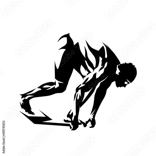 Swimming start, swimmer high contrast isolated vector silhouette. Water sport athlete