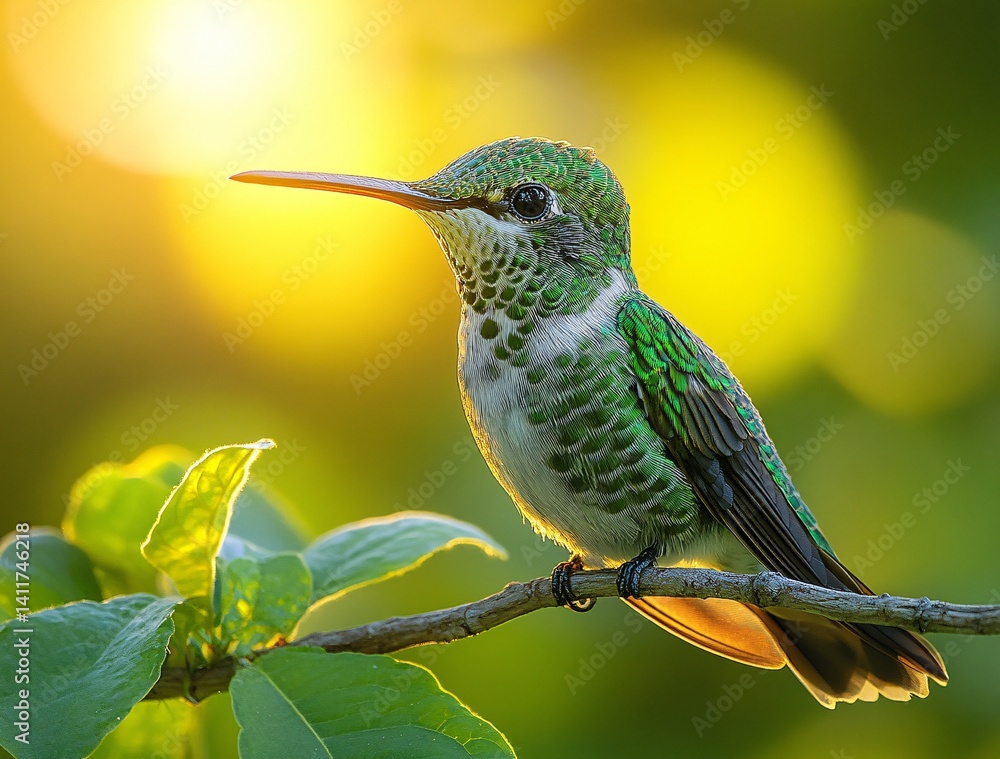 Fototapeta premium Colorful Hummingbird Perched on Branch with Natural Backdrop