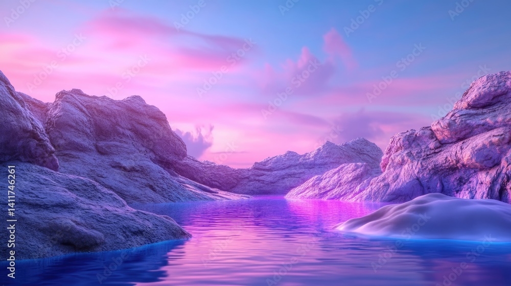 Serene Twilight Landscape with Vibrant Water and Majestic Rocks