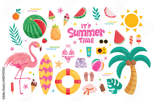 Summer time elements icon clipart set. Summer tropical element clip art collection with colorful objects like flamingo, coconut tree, watermelon and sun graphic symbol vector illustration. 
