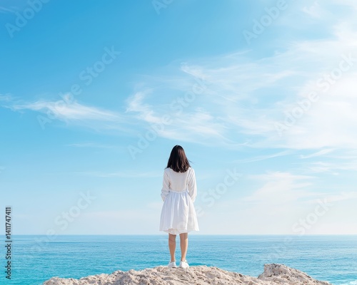 A woman stands on a rock overlooking the ocean
