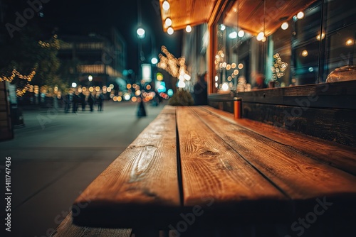 Outdoor wooden table at night