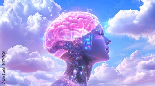 Futuristic Representation of Human Mind with Digital Elements and Clouds