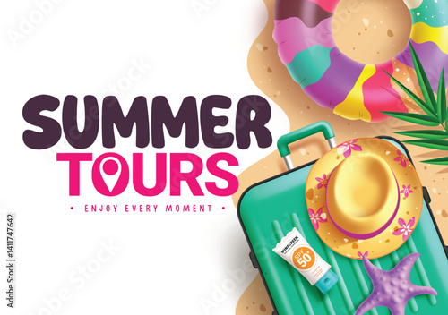 Summer tours greetings clipart poster design. Summer tour text clip art with luggage bag and inflatable floaters elements in abstract tropical background for holiday vacation trip vector illustration.