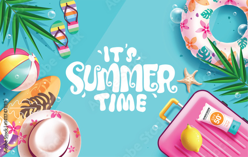 Summer time clipart banner design. Summer time greeting text in blue tropical background for holiday vacation with floaters, luggage bag, surfboard, beach ball and hat elements clip art