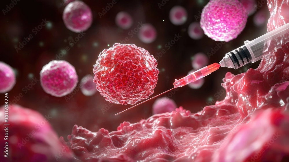 Intricate 3D Visualization of Cells and Syringe in Medical Context