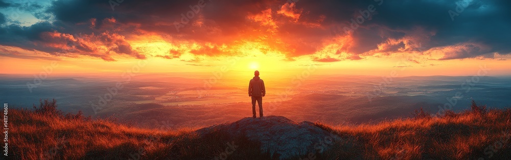 Obraz premium Stunning Sunset Over Rolling Hills with Silhouette of a Man Standing