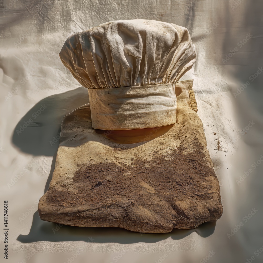 A flour-dusted chef's hat and a soil-stained apron, suggesting recent use - toque close-up chef chef's