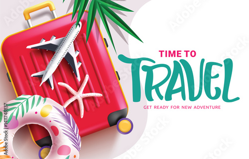 Travel time clipart poster design. Time to travel text in abstract background clip art for summer adventure journey with luggage bag, inflatable ring, airplane, leaves and starfish elements