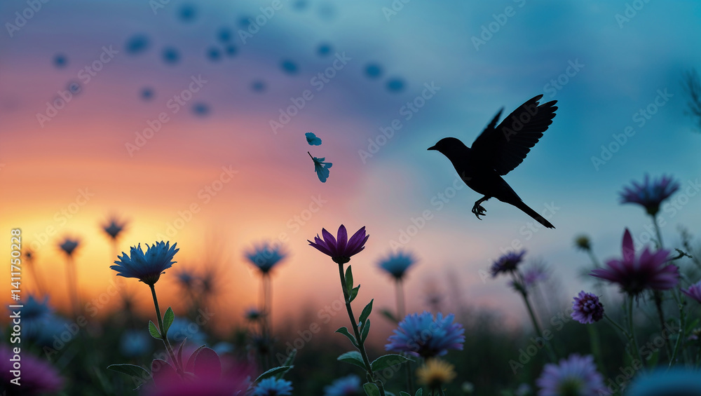 Fototapeta premium bird flying over a field of flowers 