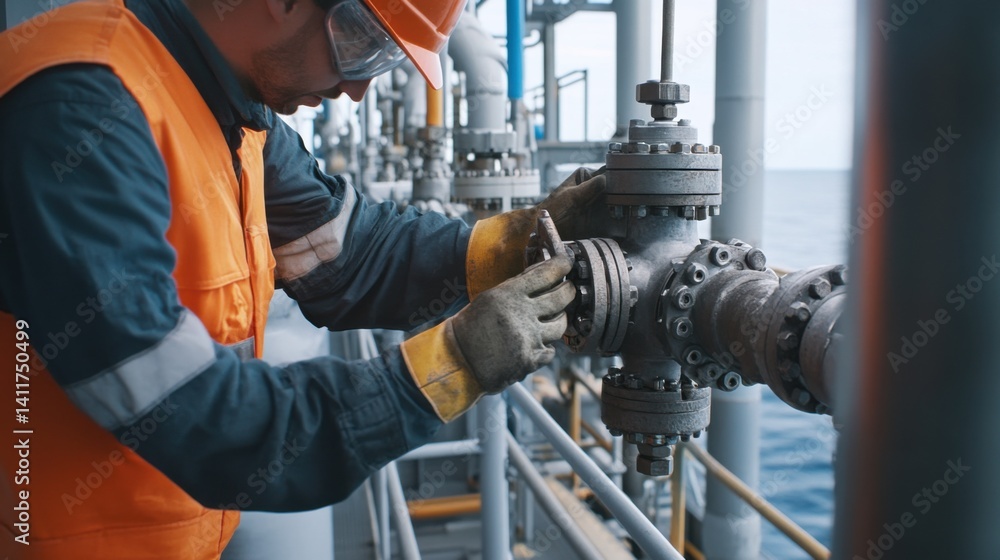 Offshore oil rig worker securing pipeline connections. Featuring endurance and engineering Offshore oil rig worker securing pipeline connections. Featuring endurance and engineering