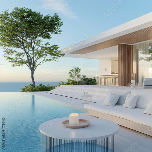 Modern Villa Exterior with Poolside View and Scenic Ocean Background