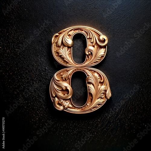 Ornate number 8 in gold floral style, carved with baroque swirls, vines, and blossoms. Gleaming with elegance, it radiates luxury, drama, and a bold artistic flair