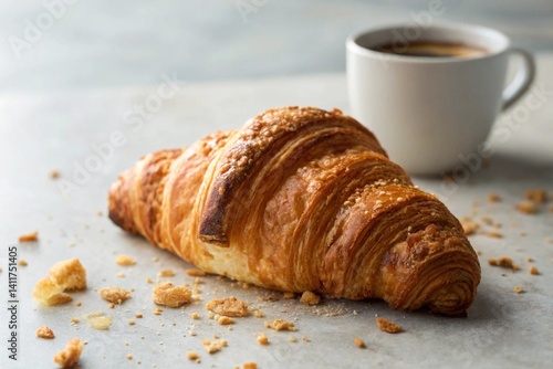 a fresh looking croissant with crumbs around the edges, coffee backround is blurry