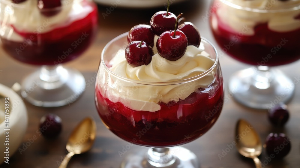 A layered dessert in a glass featuring cherries, cream, and chocolate shavings, creating a visually appealing and indulgent treat. A layered dessert in a glass featuring cherries, cream, and chocolate shavings, creating a visually appealing and indulgent treat.