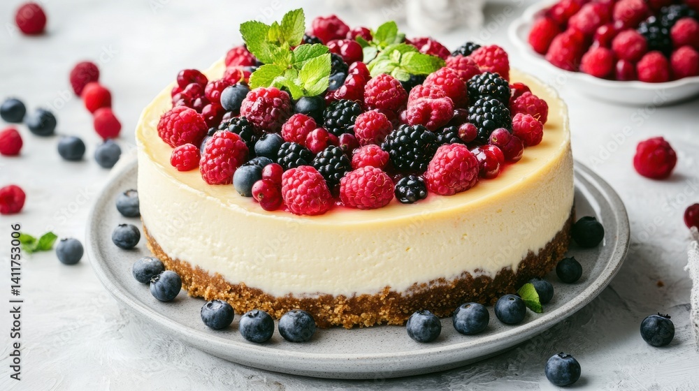 A creamy cheesecake topped with an assortment of fresh berries, including raspberries, blueberries, and blackberries, served on a gray plate. A creamy cheesecake topped with an assortment of fresh berries, including raspberries, blueberries, and blackberries, served on a gray plate.