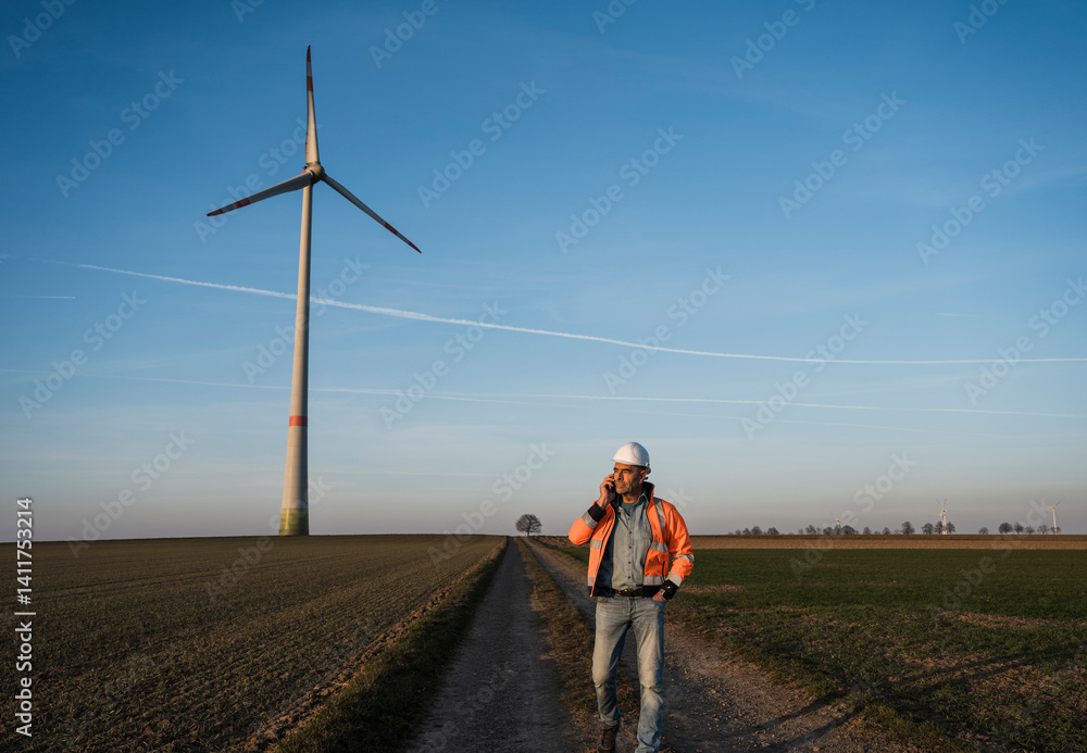 custom made wallpaper toronto digitalEngineer in safety gear talking on cellphone near wind turbine in a field