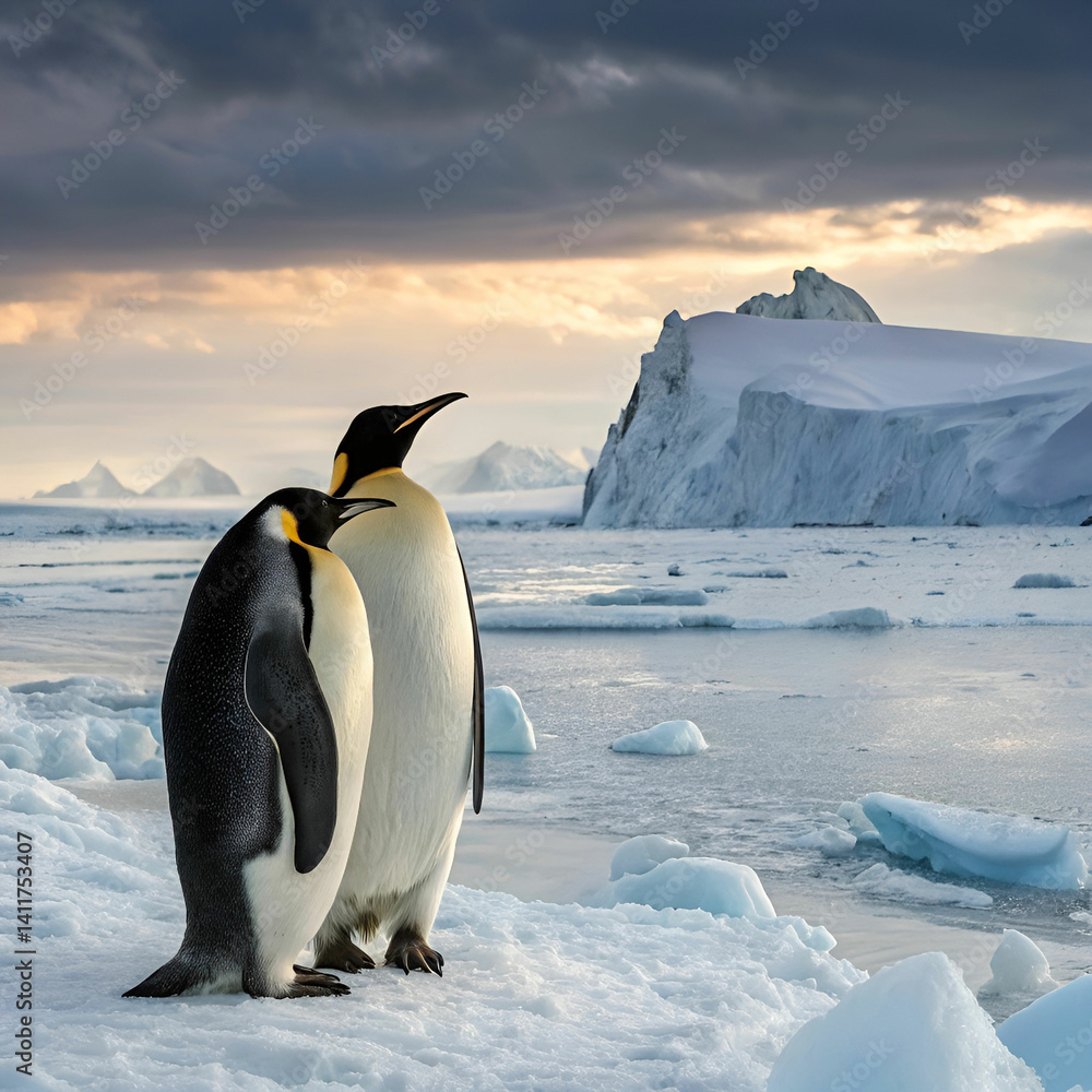 Fototapeta premium Penguins in Antarctic icefields, an ultra-realistic scene capturing the adorable penguins