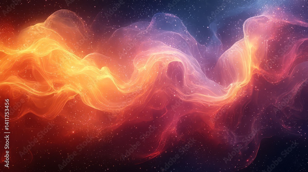 Vibrant cosmic waves of orange and purple swirling through a dark space, creating a mesmerizing abstract background for digital art and design. Vibrant cosmic waves of orange and purple swirling through a dark space, creating a mesmerizing abstract background for digital art and design.