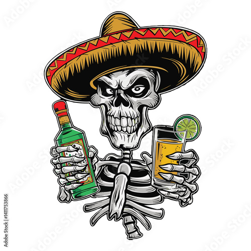 Skeleton holding a drink glass bottle vector illustration design