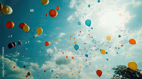 Colorful balloons released into a vibrant sky.