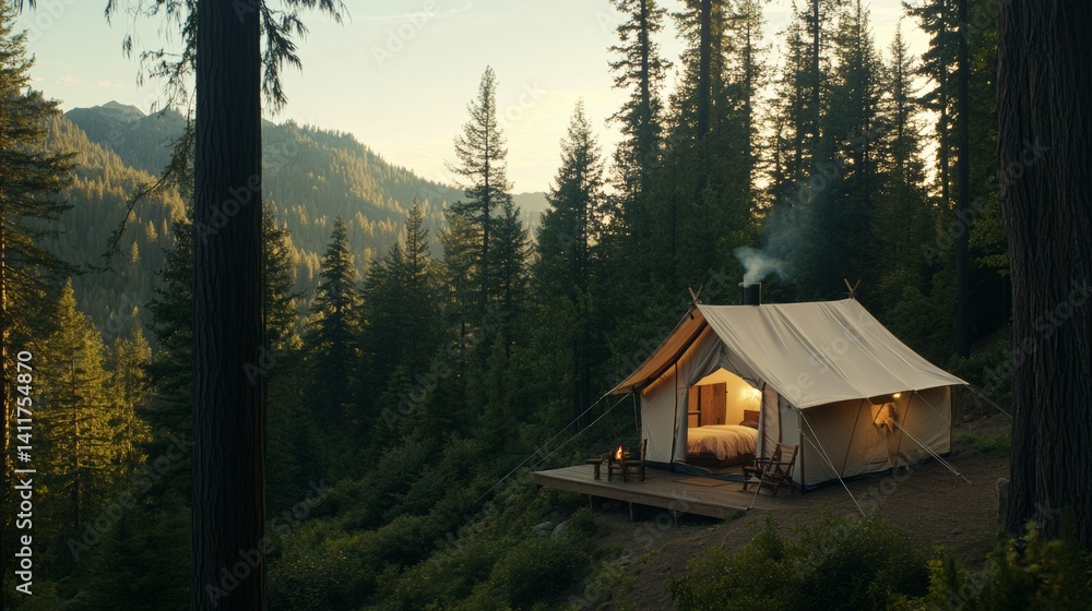 A mountain cabin-style camping tent in the middle of a pine forest, surrounded by tall trees, A mountain cabin-style camping tent in the middle of a pine forest, surrounded by tall trees,