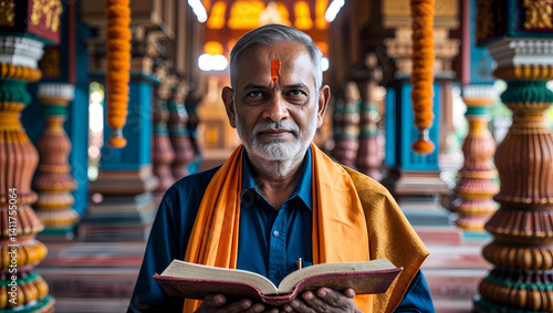 Portrait of Hindu Priest with Intense Gaze Holding Religious Literature in Temple Ritual Space with Golden Pillars and Spiritual Vibes