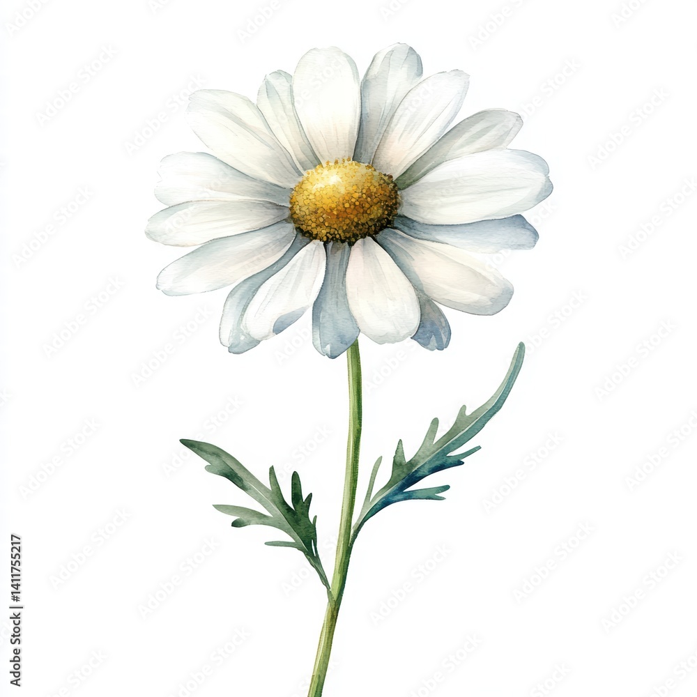 Watercolor Clipart of a Single White Daisy with Slender Green Stem – Hand-Painted Floral Illustration on White Background Watercolor Clipart of a Single White Daisy with Slender Green Stem – Hand-Painted Floral Illustration on White Background