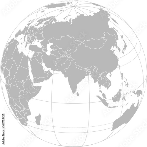 World vector map with country boundaries and graticules (India-centered view, orthographic projection, PPT-compatible & fully editable)
