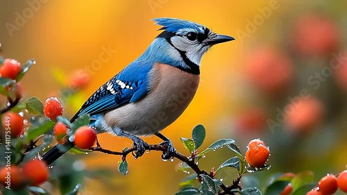 Colorful blue jay perched on branch with berries