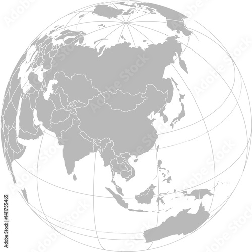 World vector map with country boundaries and graticules (China-centered view, orthographic projection, PPT-compatible & fully editable)
