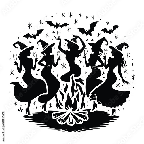Witch women Party celebration circle with fire vector design