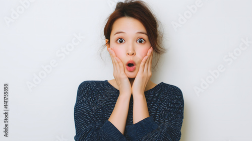 頬に手を当てて驚いた表情の日本人女性