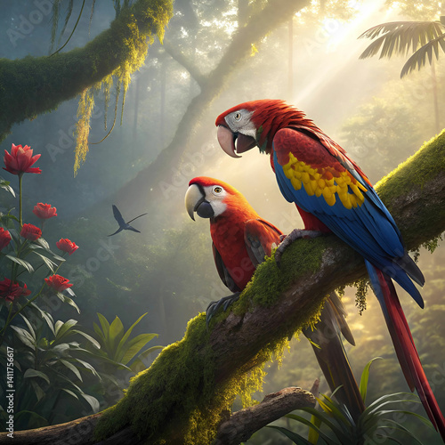 Scarlet macaws in the Amazon rainforest, a breathtaking scene with vibrant macaws perched on lush branches, surrounded by dense tropical foliage and the rich, colorful biodiversity of the rainforest.